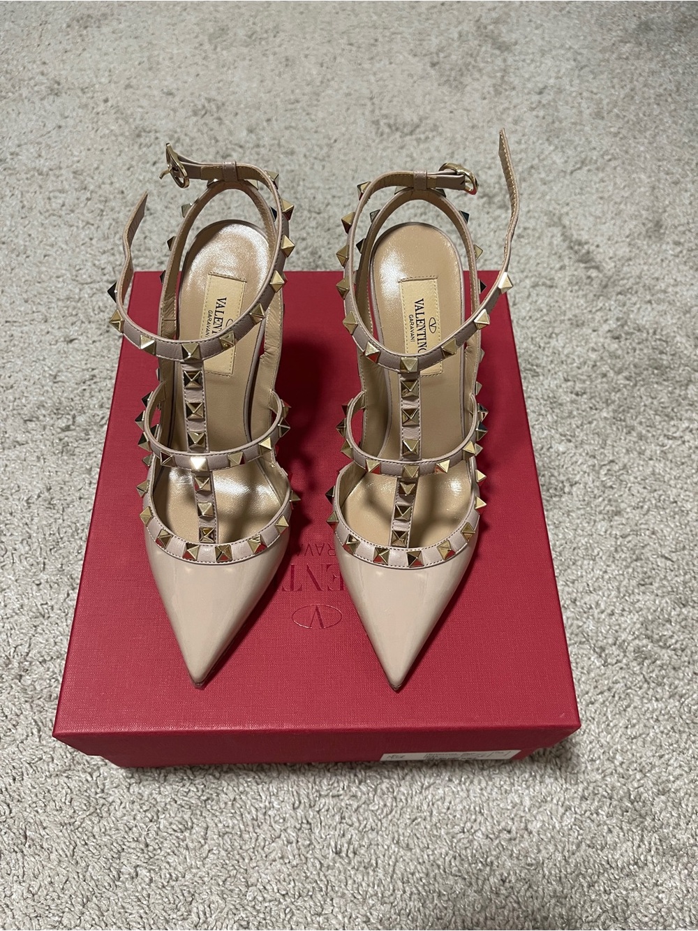 Valentino Pink Nude Patent Leather Studded T-Strap Pumps
